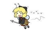  :d antennae bee_girl blonde_hair chibi flying happy insect_girl insect_wings kurodani_yamame monster_girl open_mouth polearm pon_(0737) short_hair simple_background smile solo spear stinger touhou weapon white_background wings 