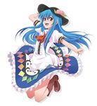  :d blue_hair boots dress food fruit hand_on_headwear hat hinanawi_tenshi jumping long_hair open_mouth peach red_eyes smile solo taishi_(moriverine) touhou 