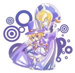  1girl :o android blazblue blonde_hair blue_eyes boots cape carl_clover chibi full_body hat hato_mune nirvana open_mouth purple_footwear shorts standing standing_on_one_leg top_hat 