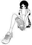  black_hair feet full_body greyscale hitou_nami kumeta_kouji leg_up miniskirt monochrome official_art plaid plaid_skirt pov_feet sayonara_zetsubou_sensei shoes short_hair simple_background skirt sneakers socks solo 