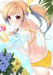  ahoge ass bare_shoulders bikini blonde_hair blurry blush bow brown_eyes depth_of_field dimples_of_venus flower food hair_bow hand_on_hip ice_cream kinugasa_yuuichi long_hair looking_back looking_up original ponytail smile solo sundae swimsuit tray water 