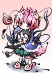  animal_ears biting black_hair black_wings blush cat_ears cat_tail chibi futase_hijiri grabbing green_skirt hairband head_biting heart kemonomimi_mode komeiji_satori medium_skirt multiple_girls o_o open_mouth panties pink_hair pink_skirt purple_eyes reiuji_utsuho shirt skirt slippers striped striped_panties tail tears third_eye touhou underwear wings 