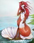  birth_of_venus blue_eyes breasts canine clam ear_piercing female fox hair inspired_by_proper_art mammal navel nipples nude outside piercing red_hair seashell seaside solo vani-fox vani-fox_(character) water 