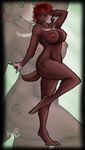  anthro blowup_background breasts female green_eyes hair kaylii mammal marsupial navel nipples nude pose red_hair solo standing tasmanian_devil tattoo 