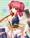  blush breasts cleavage ghost-cure hair_bobbles hair_ornament large_breasts looking_at_viewer navel no_bra onozuka_komachi open_clothes red_eyes scythe short_hair solo star sweatdrop touhou two_side_up 