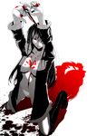  bad_id bad_pixiv_id banned_artist black_hair blood boots breasts cleavage durarara!! fingernails full_body genderswap genderswap_(mtf) jacket jewelry kneeling knife large_breasts long_hair looking_up nail_polish navel necklace open_clothes open_shirt orihara_izaya red_eyes s_tanly shadow shirt simple_background solo white_background 
