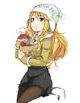  bad_id bad_pixiv_id beanie blonde_hair blush brown_legwear eating food food_on_face green_eyes hat hoshii_miki idolmaster idolmaster_(classic) long_hair looking_at_viewer minatsuki_randoseru pantyhose simple_background solo sweet_potato wavy_mouth 