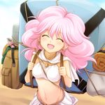 83pikoru ^_^ backpack bag big_hair breasts closed_eyes groin lowres medium_breasts midriff navel open_mouth pink_hair rance_(series) sill_plain smile solo 