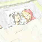  animal_costume bed_sheet black_hair blonde_hair closed_eyes funami_yui futon lilien_kranz lying multiple_girls on_back open_mouth pajamas panda_costume pillow saliva shared_blanket sleeping tomato_costume toshinou_kyouko under_covers yuru_yuri 