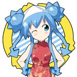  ;&lt; alternate_costume alternate_hairstyle bare_shoulders blue_eyes blue_hair blush china_dress chinese_clothes double_bun dress hands_on_hips hat head_tilt ikamusume one_eye_closed shinryaku!_ikamusume simple_background solo tentacle_hair uemukai_dai 