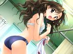  aqua_eyes ass blue_eyes blush bra brown_hair buruma game_cg gym_uniform indoors kadoi_aya kakyuusei_2 lingerie long_hair looking_back no_shirt open_mouth shirai_yuuri solo underwear 