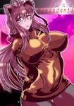  bottomless breasts covered_nipples double_cross_(f.e.a.r.) huge_breasts long_hair muntaro one_eye_closed perky_breasts purple_eyes purple_hair skirt solo standing 