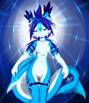  abstract_background anthro black_nose blue_eyes blue_hair breasts female glowing hair half-closed_eyes hybrid lily long_blue_hair long_hair looking_at_viewer markings midriff mnxenx001 naiad navel nipples nude open_mouth pinup pose pussy solo standing 