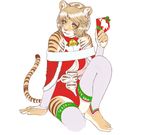  ???? anthro barefoot bell big_breasts breasts cleavage clothed clothing feline female gift green_eyes hyoushi_maigo kneeling legwear looking_at_viewer mammal pink_nose pinup plain_background pose ribbons solo stockings stripes tail tiger white_background 