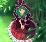  arm_ribbon dress forest frills front_ponytail grass green_hair hair_ribbon kagiyama_hina nature red_dress ribbon sitting smile solo takuzui touhou tree v_arms 