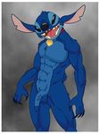  anthro black_eyes black_nose black_sclera blue blue_fur blue_penis claws collar flaccid fur lilo_and_stitch looking_at_viewer male muscles nightmare_fuel notched_ear nude open_mouth penis smile solo standing stitch teeth 