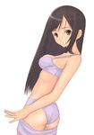  black_eyes black_hair blush bra breasts lingerie long_hair looking_at_viewer medium_breasts muffin_(sirumeria) open_mouth original panties purple_panties skirt skirt_pull solo strap_gap underwear undressing 