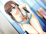  artist_request bent_over blush bra breasts brown_hair cleavage dutch_angle front-hook_bra game_cg green_eyes hand_on_hip kyouka_takase large_breasts lingerie long_hair navel okitsune-sama_no_koisuru_omajinai open_bra panties solo thigh_gap underwear underwear_only unfastened 