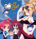  3girls adell_(disgaea) ball beachball bikini blonde_hair blue_eyes breasts bright_pupils cleavage closed_eyes cloud day disgaea eyewear_on_head flower food frog fruit green_hair hanako_(disgaea) kazamine_(stecca) large_breasts makai_senki_disgaea_2 multiple_boys multiple_girls navel original pink_hair pleinair pointy_ears popsicle prinny purple_sarong red_eyes red_hair rozalin same-san sarong sky slit_pupils stuffed_animal stuffed_shark stuffed_toy summer sunflower sunglasses swimsuit taro_(disgaea) tink_(disgaea) watermelon wings 