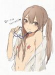  bad_id bad_pixiv_id bare_shoulders brown_hair closed_mouth eyewear_removed face flat_chest glasses holding holding_eyewear looking_at_viewer off_shoulder open_clothes open_shirt pasties real_life shirt sketch smile solo teti twintails 