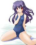  blush kuzunoha_kyouji_(sunny_side_street) long_hair one-piece_swimsuit original purple_hair red_eyes school_swimsuit sena_(kuzunoha_kyouji) sitting solo spread_legs swimsuit wariza 