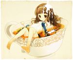  brown_eyes brown_hair cream cup dress hairband higanbana_no_saku_yoru_ni in_container in_cup kusunoki_midori long_hair minigirl partially_submerged sakurazawa_izumi solo sugar_cube teacup thighhighs water wet wet_clothes 