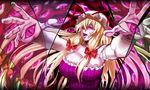  blonde_hair bow breasts broken_glass cleavage crazy_eyes dress elbow_gloves eyes glass gloves hair_bow hands hat huge_breasts long_hair nyamota open_mouth outstretched_hand solo touhou yakumo_yukari 
