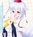  animal_ears banana bare_shoulders blush breasts bridal_gauntlets detached_sleeves food fruit ginzake_(mizuumi) hat inubashiri_momiji large_breasts messy red_eyes sexually_suggestive short_hair silver_hair simple_background solo tail tokin_hat tongue touhou translation_request upper_body wolf_ears wolf_tail 