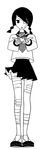  bandages black_hair braid eyepatch full_body greyscale highres kobushi_abiru kumeta_kouji monochrome official_art outstretched_hand sayonara_zetsubou_sensei school_uniform serafuku shoes simple_background solo twin_braids uwabaki wind wind_lift 