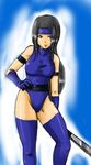  armband artist_request black_eyes black_hair blue_gloves blue_legwear blue_thighhighs female gloves hand_on_hip headband hips kitana leotard long_hair lowres mortal_kombat solo thighhighs 