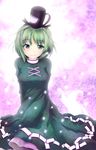  arms_behind_back blush dress floral_print ghost_tail green_dress green_eyes green_hair hat highres hiromi_(artist) long_sleeves multiple_tails short_hair smile soga_no_tojiko solo tail tate_eboshi touhou 