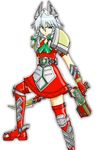  ascot bad_id bad_pixiv_id belt blue_eyes braid gauntlets gun hair_ornament highres izayoi_sakuya kamen_rider kamen_rider_blade_(series) kamen_rider_garren knife namesake omega_na_hito pun red_legwear ribbon solo thighhighs touhou twin_braids weapon white_background white_hair 