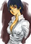  ashiomi_masato black_hair blue_eyes capcom devil_may_cry devil_may_cry_3 dress_shirt female heterochromia lady lady_(devil_may_cry) lowres red_eyes scar shirt short_hair solo white_shirt 