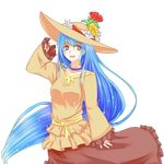  blue_hair cro_cell frilled_skirt frills hat highres jewelry long_hair long_skirt m.u.g.e.n nanikoro necklace night_wizard red_skirt skirt smile solo sun_hat transparent_background very_long_hair yellow_eyes 
