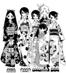  bandages black_hair bow braid floral_print fuura_kafuka greyscale hair_bobbles hair_bow hair_ornament highres hitou_nami japanese_clothes kimono kimura_kaere kitsu_chiri kobushi_abiru kumeta_kouji long_hair monochrome multiple_girls official_art otonashi_meru sandals sayonara_zetsubou_sensei simple_background smile twin_braids twintails 