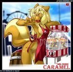  apple apron blonde_hair bottomless breasts brown brown_fur candy candy_apple caramel caramel_(character) carnival cleavage clothed clothing clubstripes eyewear female fluffy_tail food fruit fur glasses gnaw hair hairband half-dressed long_hair looking_at_viewer naked_apron nipple_slip nipples pussy solo standing tail 
