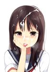  black_eyes blush brown_hair cum cum_in_hands cum_in_mouth cum_on_hair cum_on_tongue facial hand_on_own_cheek hand_on_own_face heavy_breathing original sasamori_tomoe school_uniform serafuku solo tongue tongue_out 