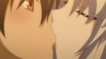  1boy 1girl after_kiss amakawa_yuto amakawa_yuuto animated animated_gif blush brown_eyes brown_hair couple eyes_closed french_kiss gif jinguuji_kuesu kiss lips love lowres omamori_himari saliva saliva_trail sunset tongue white_hair 