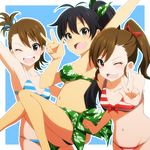  armpits bikini black_hair blue_eyes brown_eyes brown_hair fang flipped_hair futami_ami futami_mami ganaha_hibiki green_sarong high_ponytail idolmaster idolmaster_(classic) idolmaster_2 laco_soregashi long_hair multiple_girls navel one_eye_closed open_mouth ponytail print_sarong sarong short_hair siblings side_ponytail sisters smile striped striped_bikini striped_swimsuit swimsuit twins v 