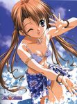  ;d bangs bikini blue_sarong bracelet breasts brown_hair choker cleavage collarbone copyright_name frilled_bikini frills highres jewelry leaning_forward logo long_hair medium_breasts one_eye_closed open_mouth parted_bangs pendant print_sarong ring sakuya_(sister_princess) sarong sister_princess smile solo source_request swimsuit tenhiro_naoto twintails wading water 