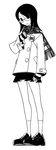  black_hair buttons coat fujiyoshi_harumi full_body glasses greyscale highres kumeta_kouji loafers miniskirt monochrome official_art pleated_skirt sayonara_zetsubou_sensei scarf shoes short_hair simple_background skirt socks solo 