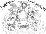  2girls bad_id bad_pixiv_id cat cierra_(riviera) drossel_(dexsini) greyscale halloween happy_halloween hat long_hair monochrome multiple_girls open_mouth pumpkin riviera rose_(riviera) soala_(riviera) staff witch witch_hat 