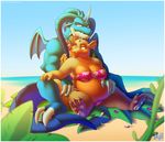  2011 beach big bikini blue breasts chain claws cleavage dragon ear_piercing earring female hindpaw horn leaf looking_down looking_up male nazuu-m0nster necklace orange overweight paws piercing pink_eyes reptile ring saclie sand scalie seaside sitting skimpy smile spikes spread_legs spreading tail water wings yellow 