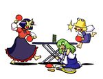  3girls :d barefoot dual_wielding holding in_the_face jumping kochiya_sanae moriya_suwako multiple_girls open_mouth paddle racket simple_background smile sport table_tennis table_tennis_paddle tennis_racket terrajin touhou white_background yasaka_kanako you're_doing_it_wrong 