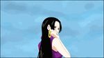  animated animated_gif black_hair blue_eyes boa_hancock breasts dress earrings gif hand hands happy hug jewelry long_hair lowres marine_ford marineford monkey_d_luffy one_piece purple_dress shichibukai sideboob vest yellow_vest 