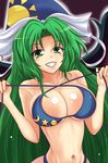  bad_anatomy bikini bikini_top breasts cleavage collarbone error flag green_eyes green_hair grin hat kurowana large_breasts long_hair mima navel shiny shiny_skin sideboob smile solo swimsuit touhou touhou_(pc-98) underboob upper_body wizard_hat 