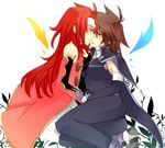  blue_eyes blush brown_hair fingerless_gloves genderswap gloves headband kiss kratos_aurion long_hair red_eyes red_hair short_hair spoilers tales_of_(series) tales_of_symphonia wings yuri zelos_wilder 