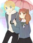  1girl bad_id bad_pixiv_id blonde_hair blue_eyes brown_eyes brown_hair holding holding_umbrella kimi_to_boku long_hair meko_(riri4429) satou_masaki school_uniform shared_umbrella short_hair tachibana_chizuru_(kimi_to_boku) umbrella 