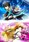  1girl ahoge black_hair blonde_hair clenched_hands coat elbow_gloves energy gloves green_hair jude_mathis long_hair midriff milla_maxwell multicolored_hair navel no_pupils pants red_eyes shirt smile strapless sword tales_of_(series) tales_of_xillia taut_clothes taut_shirt tubetop two-tone_hair urotamu weapon yellow_eyes 
