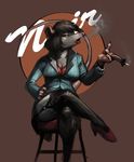  black_hair bra breasts cigarette cleavage clothed clothing crossed_legs english_text female garter_straps garters hair high_heels legwear mammal marsupial noir_(character) open_mouth opossum pinup pose ratwell shirt shoes sitting smoking solo stockings stool text underwear 